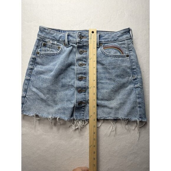 American Eagle Super Hi-Rise ALine Denim Skirt Sz 4 Raw Hem Button Front Rainbow - Picture 9 of 9